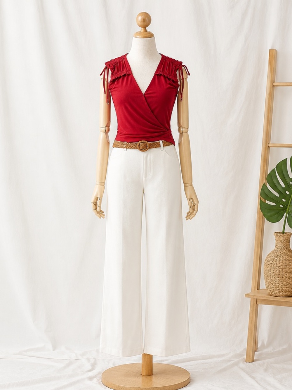 Catherine Malandrino XS Haute Red Surplice Blouse Pleated Shoulder Ruffle $48